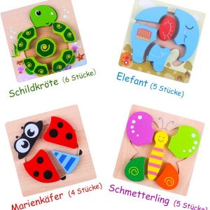 Wooden Puzzle 3D Children 4 Pieces, Animal Plug-in Puzzle Wooden Toy for Children 1 2 3 Years, Baby Learning Toy, Turtle, Ladybird, Elephant Shattering Gift for Christmas, Birthday, Children’s Day