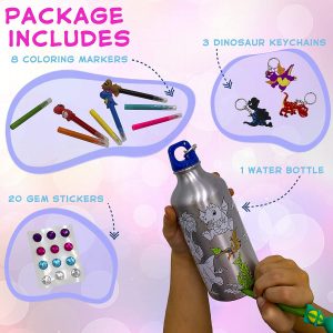 Color Your Own Water Bottle Kit – No-BPA Baby Dinos Bottle, 20 Gem Stickers, 3 Cartoon Dinosaur Keychains & 8 Coloring Markers – DIY Creative Craft Set – Personalized Bottles for Kids Aged 4+16.9fl oz