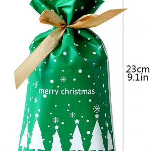 Feelava Christmas Drawstring Candy Bags 50 Pcs Xmas Tree Gift Wrapping Bags Present Package Bag Plastic Sweet Treat Goody Chocolate Bag for Wedding Anniversary Merry Christmas Party