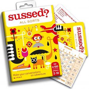 sussed! | hilarious personality quiz card game | series 1 | score the most points by sussing out other players’ attitudes | answer funny questions about each other’s likes, dislikes, reactions, wishes and opinions | age 8+ | 2 – 8 players/teams