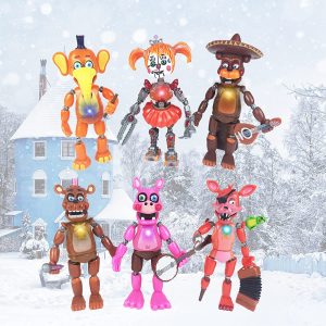 6Pcs Inspired by Rockstar Freddy Action Figures Game PVC Five Nights Action Bonnie Foxy Fazbear Bear Doll Lightening Figures Toys with Movable Joints Model Freddy 6 Toys Birthday Gifts for Kids