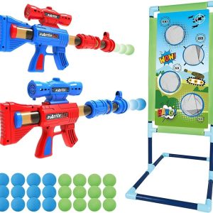 SpringFlower Shooting Game Toy for 5 6 7 8 9 10+ Years Olds Boys,2pk Foam Ball Popper Air Toy Guns with Standing Shooting Target,24 Foam Balls, Ideal Gift