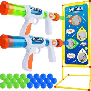Astroshot Gemini Shooting Games for Kids – 2pk Soft Foam Ball Popper Toy Foam Blasters and Guns, 2-Player Toy Guns Set with Standing Shooting Target and 24 Soft Foam Balls